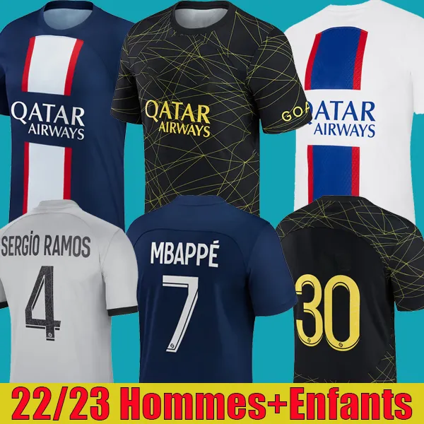 voetbalshirts mbappe Hakimi Sergio Ramos 22 23 Maillots de football 2022 2023 Marquinhos Verratti PSGS Men Kids Kit Shirt Uniformen Maillot voet
