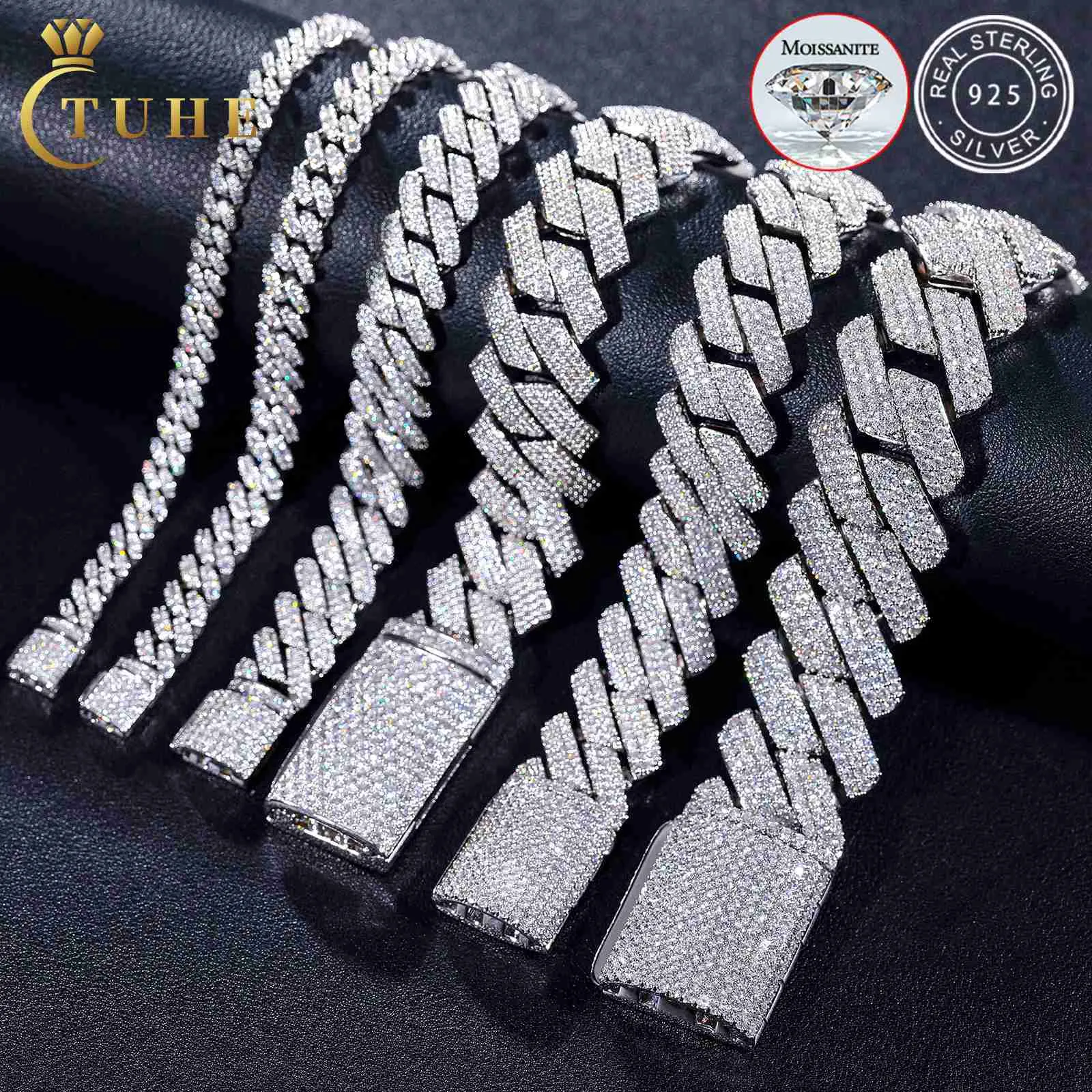 8mm-25mm Pass Diamond Tester 925 Sterling Silver Full Vvs Moissanite Iced Out Cuban Link Anklet Bangle Bracelet for Men Women