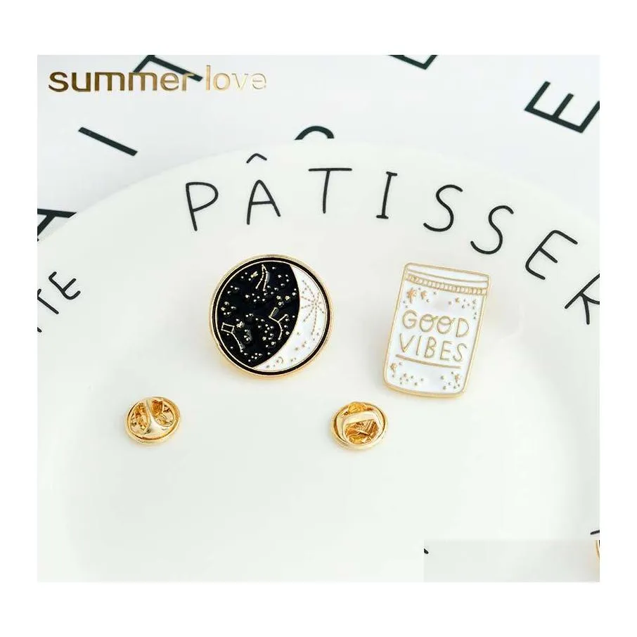 Broches Broches Bonne Humeur Blanc Noir Couleur Constellation Lune Broche Huile Essentielle Vibes Pins Bouton Manteau Veste Col Pin Badge Dr Dhqns