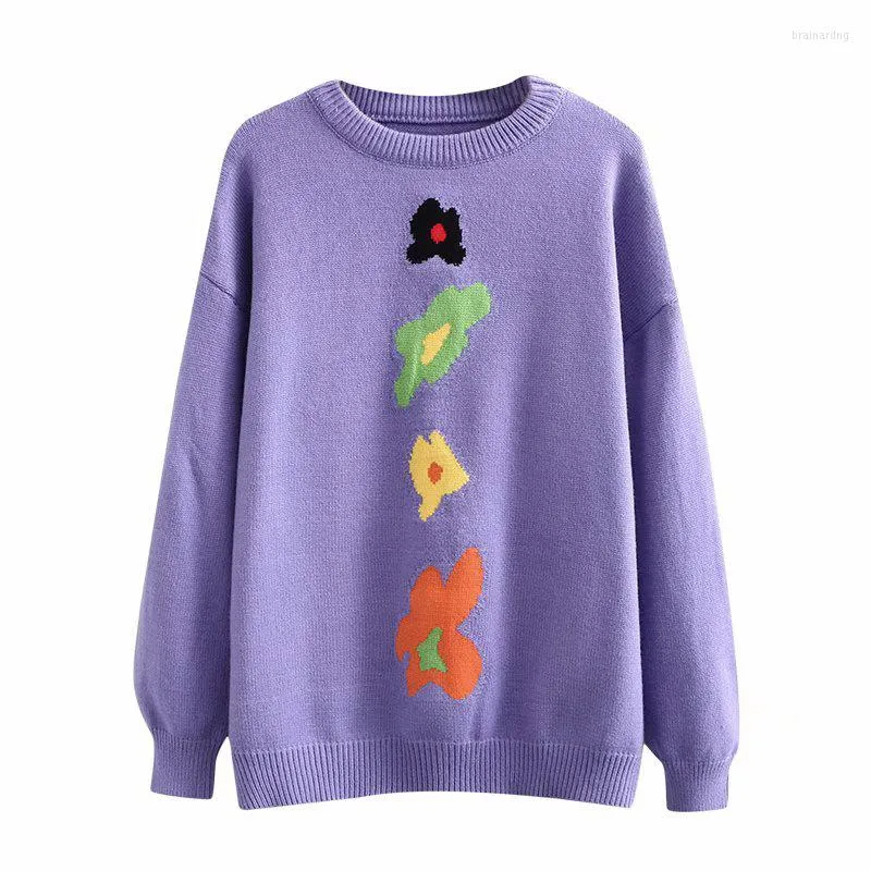 Women's Sweaters PERHAPS U Women Sweater Knitted Pullovers Violet White Loose Winter Crew Neck Floral Print M0404