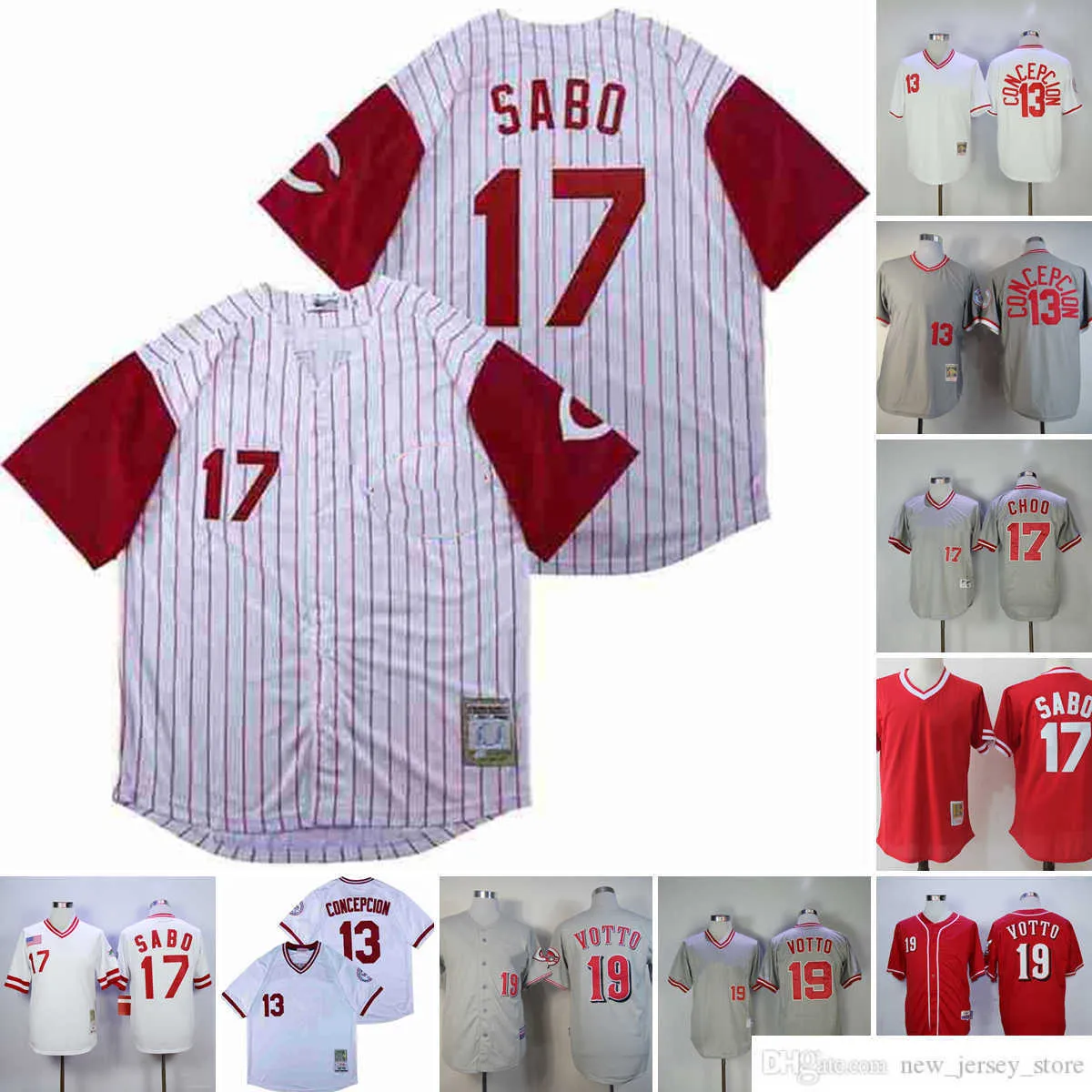 영화 빈티지 13 Dave Concepcion 야구 유니폼 스티치 17 Chris Sabo 19 Joey Votto 저지 통기성 스포츠 화이트 레드 블랙 그레이 풀오버