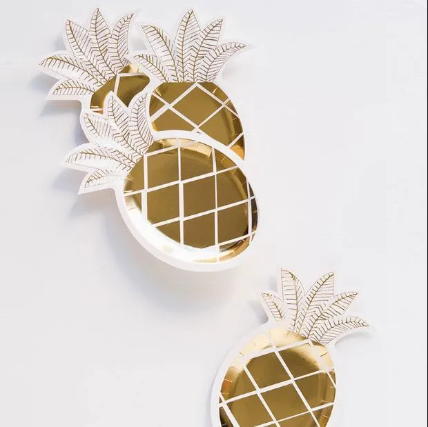 Stoviglie usa e getta 8 pezzi Piatti di carta ananas in lamina d'oro Set da tavola per matrimonio Compleanno per bambini Forniture per feste barbecue hawaiano Luau