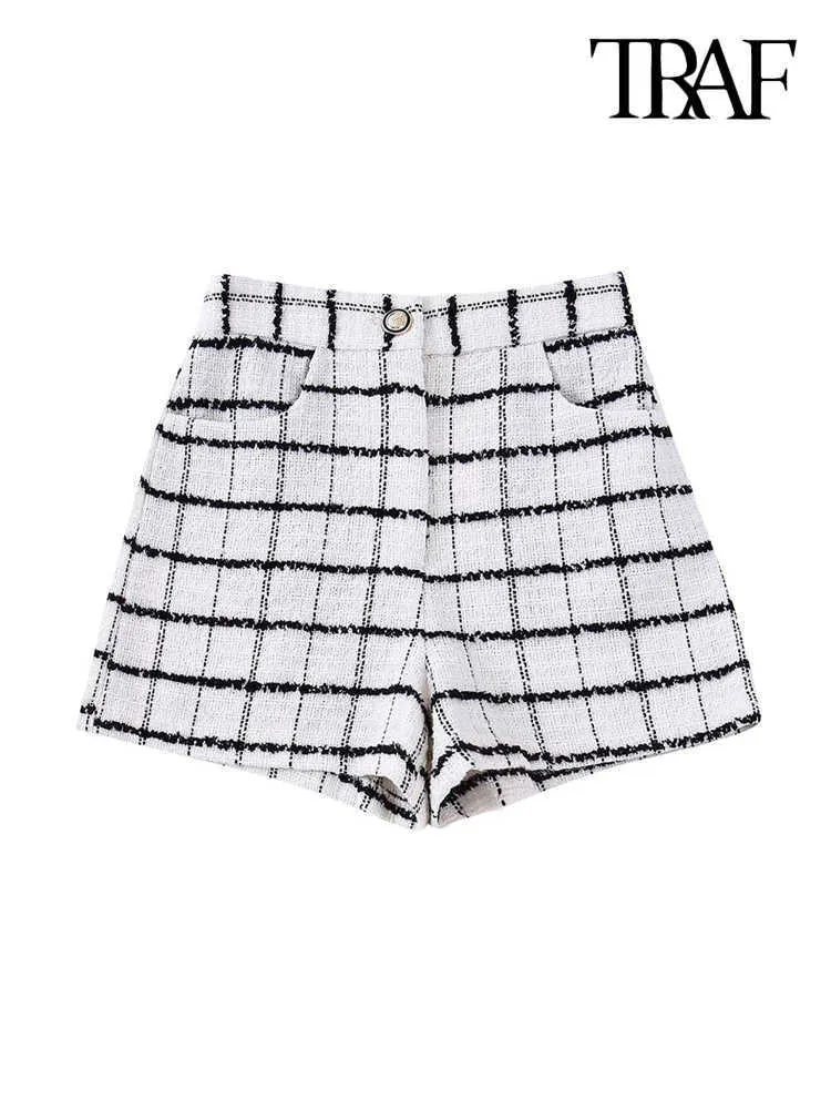 Dames shorts traf dames mode voorzakken tweed plaid vintage hoge taille zipper vlieg vrouwelijke korte broek mujer y2302