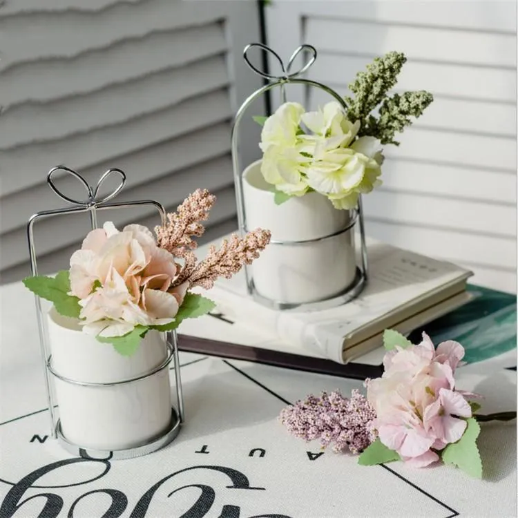 Decoratieve bloemen Kunstmatig met keramische vaas Silk Hydrangea Flower arrangementen voor eetkamer Fake Bouquet Wedding Decor