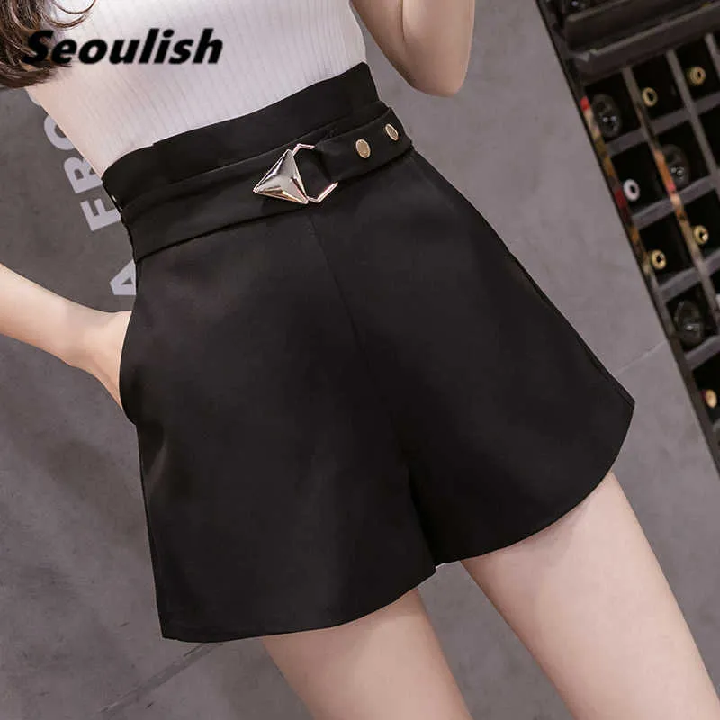 Women's Shorts Seoulish Summer 2021 New Black Suit Sashes High Waist Office Lady Wide Leg Elegant Chic Loose Trousers Y2302