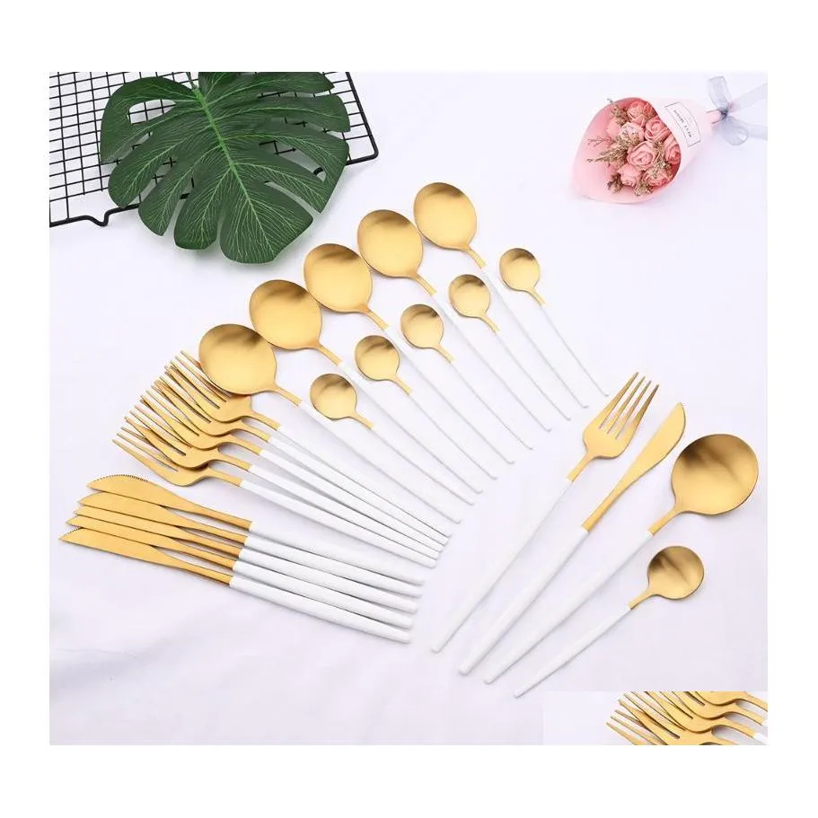 Dinnerware Sets 24Pcs/1 Set Stainless Steel Matte Cutlery Kitchen White Gold Western Flatware Knife Fork Spoon Home Tableware Drop D Dhsot