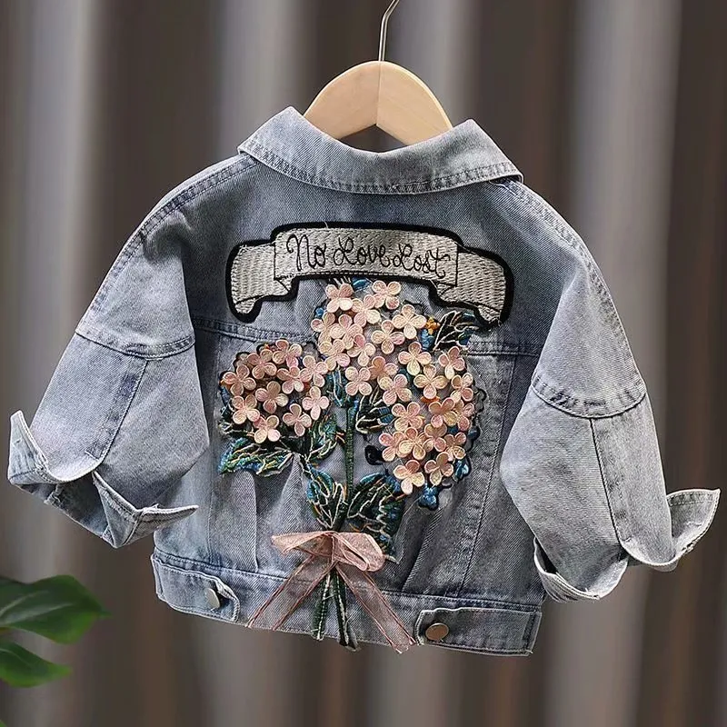 Jackets Kids Denim Jackets for Girls Baby Flower Embroidery Coats Spring Autumn Fashion Child Kids Outwear Ripped Jeans Jackets Jean 230208