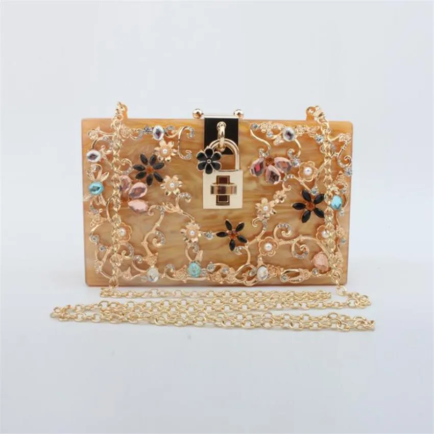 Fabrik hela kvinnor väska högkvalitativ akryllegering snidad handväska söt liten färsk godisfärgade diamantkedjor elegant 255u