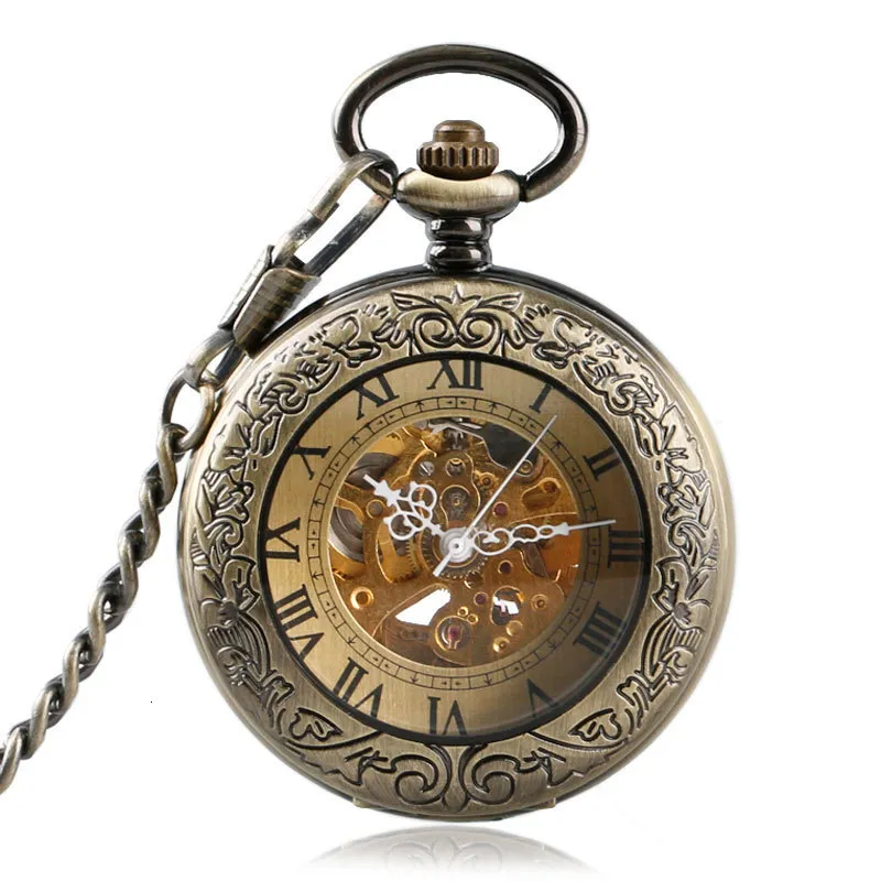Zegarki kieszonkowe luksusowe brązowe cyfry rzymskie automatyczne mechaniczne zegarek kieszonkowy mężczyźni kobiety rzeźbią retro przezroczystą szklaną łańcuch pokrycia 230208