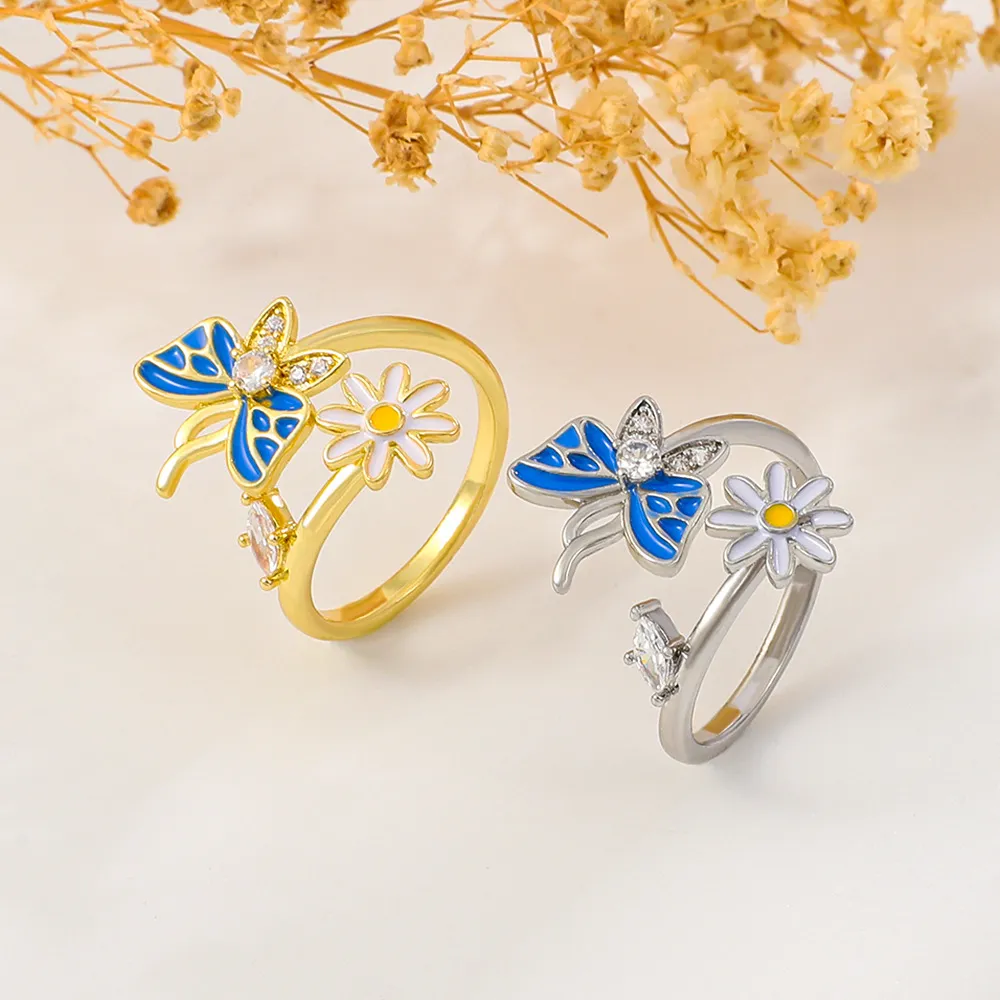 S3410 Fashion Jewelry for Women Rings Emamel Butterfly Flower Opening Adustable Ring