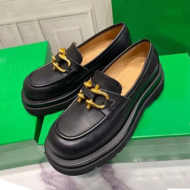 spring and autumn Classic Dress shoes leather letter black Arabic cowhide Metal Button platform women Designer shoe Flat bottom boat SHoes Large size 35-40-42 With box