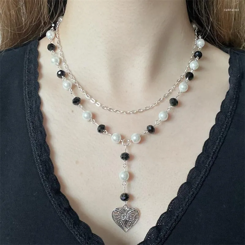 Chains Layered Black & White Rosary Handmade Y2K Butterfly Fairycore Beaded Pearl Glass Bead Chain Necklace Cottage Core