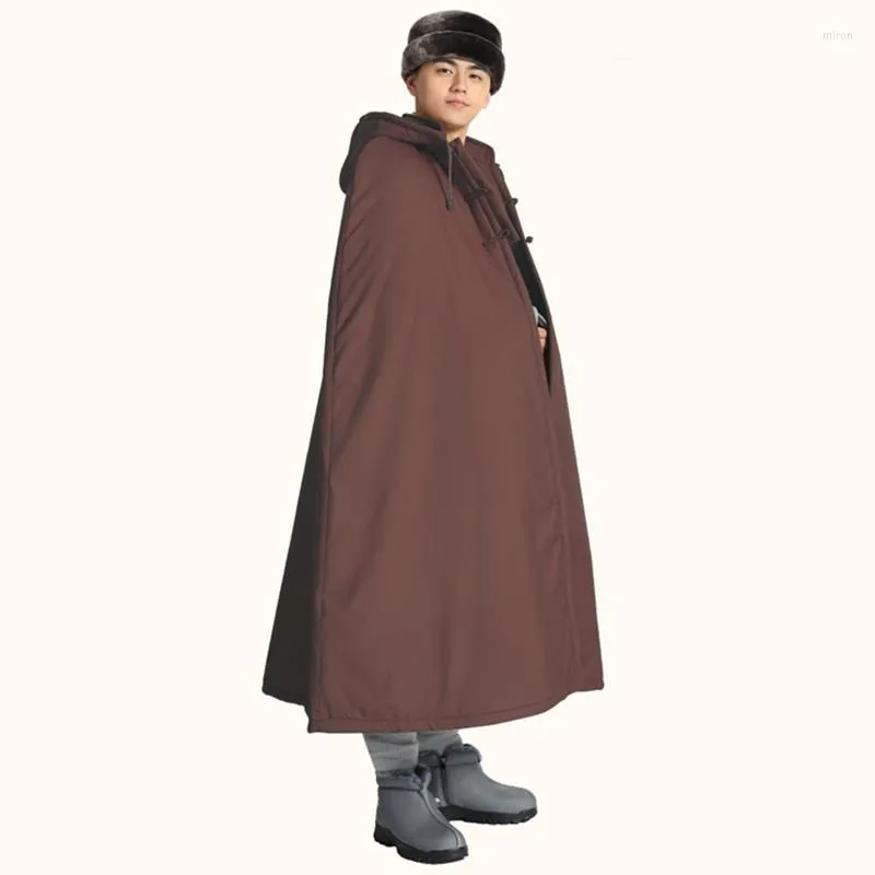 Hommes Trench Coats Hommes Poncho Chaud Hiver Coupe-Vent Lourd Matelassé Long Coton Doublure Cape Imperméables Homme Manteau Thermique Avec Capuche