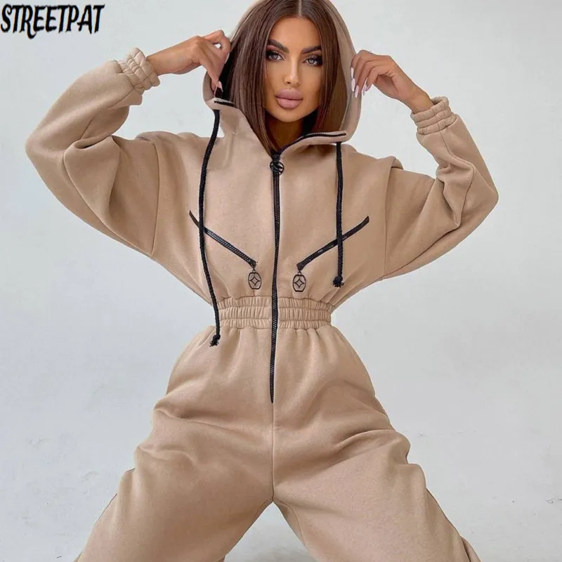 Kobiety Jumpsuits Rompers Hoodie Hooksuit Kobiety Elegancki strój z długim rękawem ciepłe romper żeńskie kieszonkowe kieszonki zamykacze zima 230208