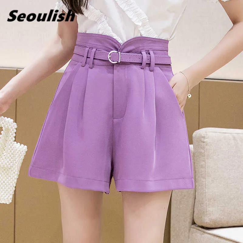 Women's Shorts Seoulish Purple Formal with Belted Summer 2021 New High Waist Office Wide Leg Elegant Chic Trousers Y2302