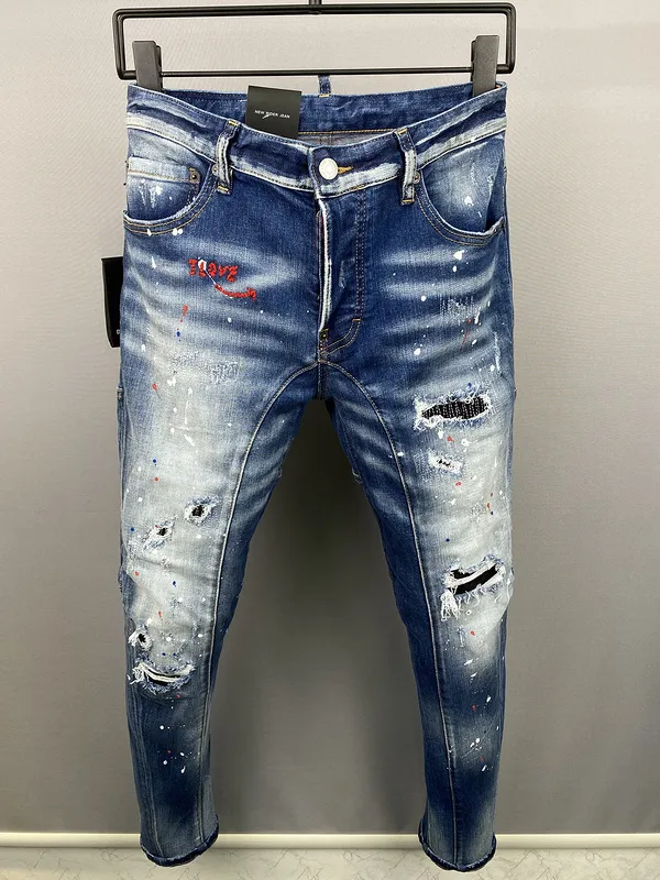 Men's Skinny Jeans Trousers Hole Light Blue Dark GREY ITALY Brand Man Long Pants Streetwear denim Slim Straight D2 Biker Jean Real Photo Diamond-encrusted Baggy pant