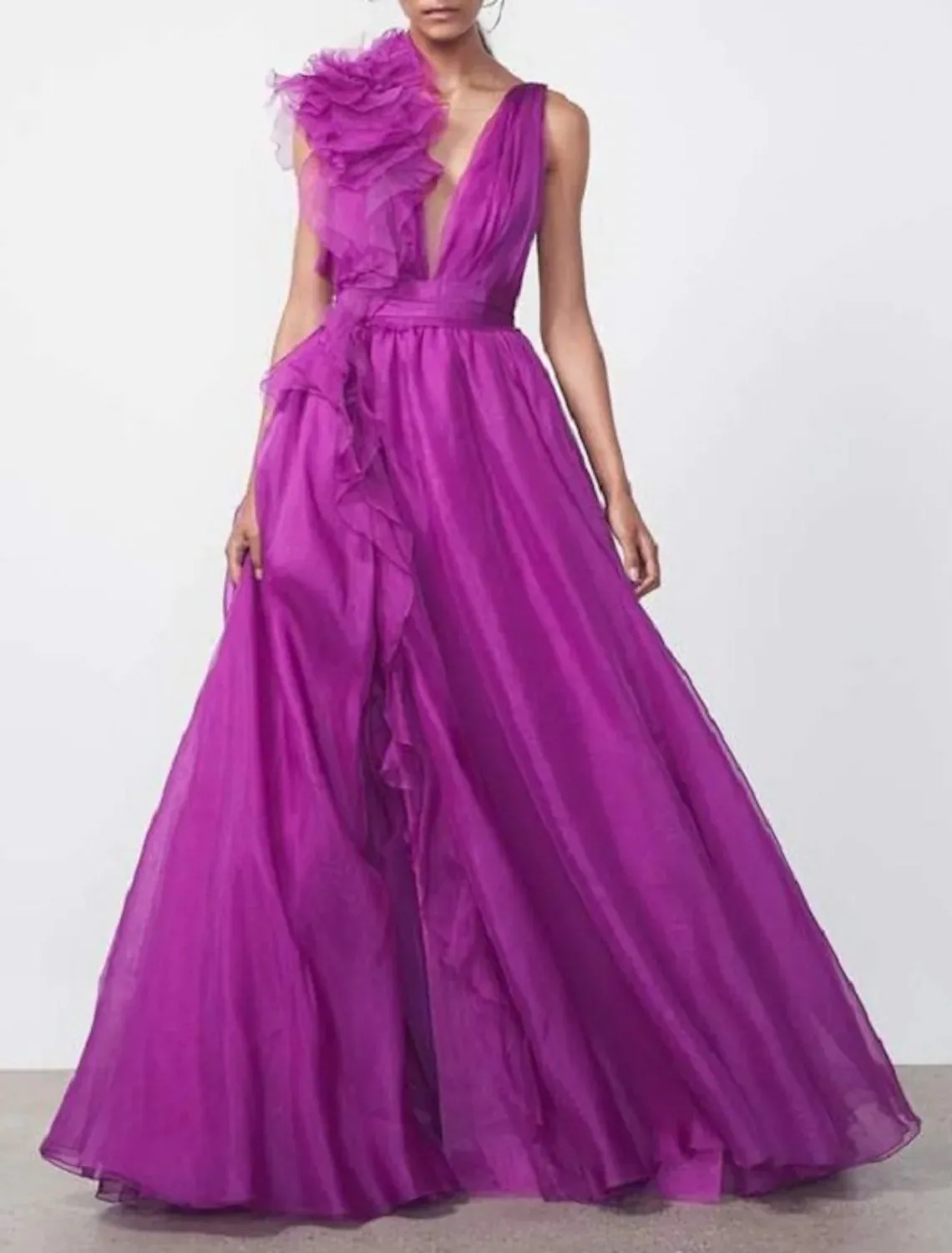 A-line Evening Dress V Neck Chiffon Slit Prom Formal Gowns Celebrity Style Ruffles Robes De Soiree Vestidos De Fieast 2023