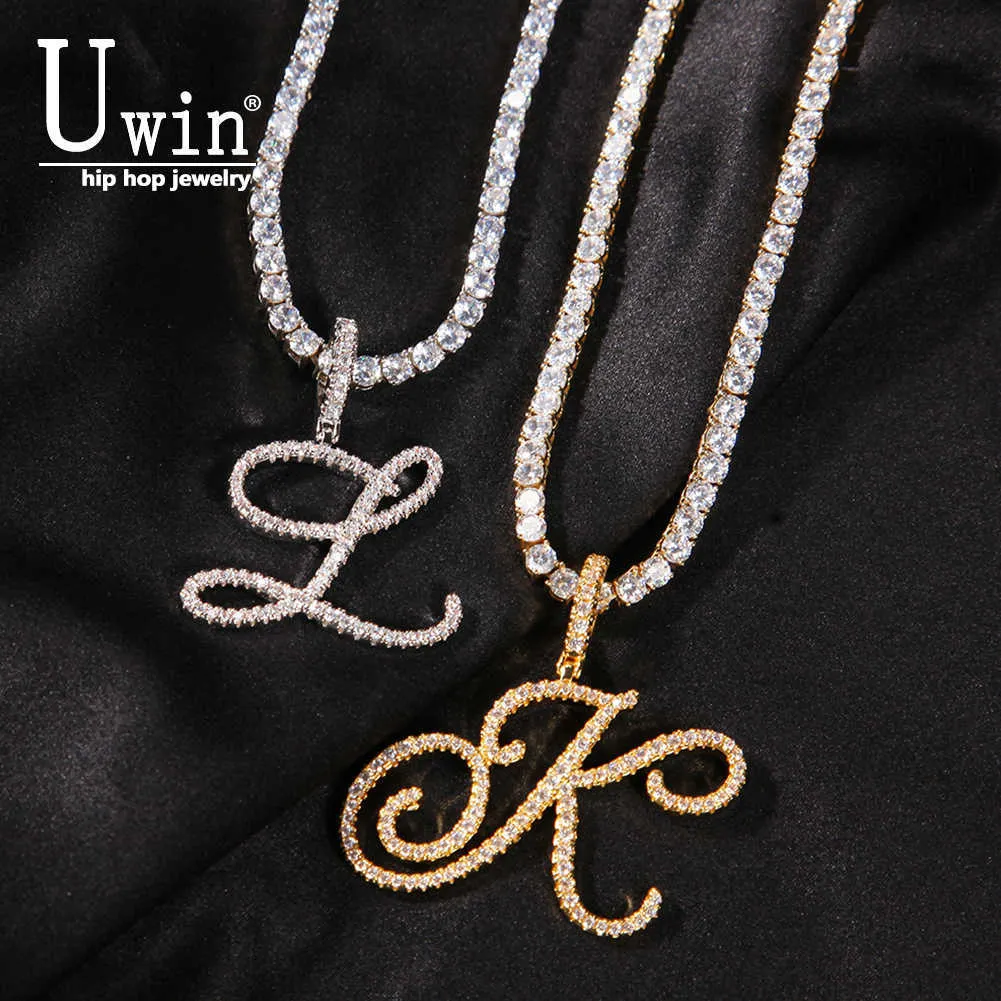 ペンダントネックレスUWIN CURSIVE LETTER BRUSH with Tennis Chain Cubic Zirconia Intial Nameネックレスジュエリーチャームヒップホップネックレスドロップ出荷G230206