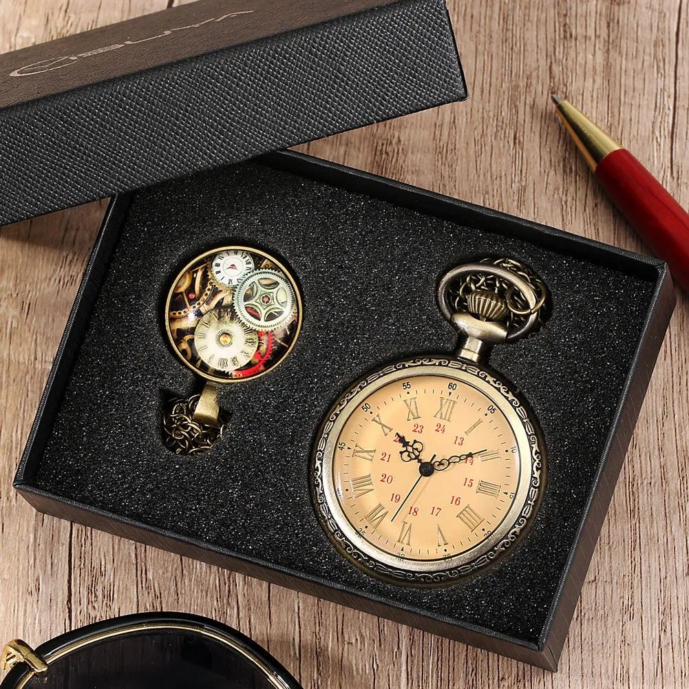 Pocket Watches Vintage Bronze Double Display Pocket Watch Quartz Stor DIAL FOB WACK UTAN COVING Pendant Chain Clock Necklace Souvenir Gift 230208