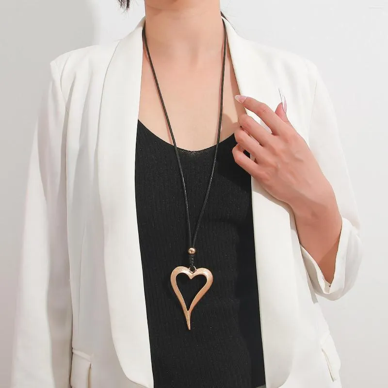 Pendant Necklaces ALLYES Retro Chunky Big Love Heart Collares Long Chain Black Leather Rope Necklace For Women 2023 Trend Accessories