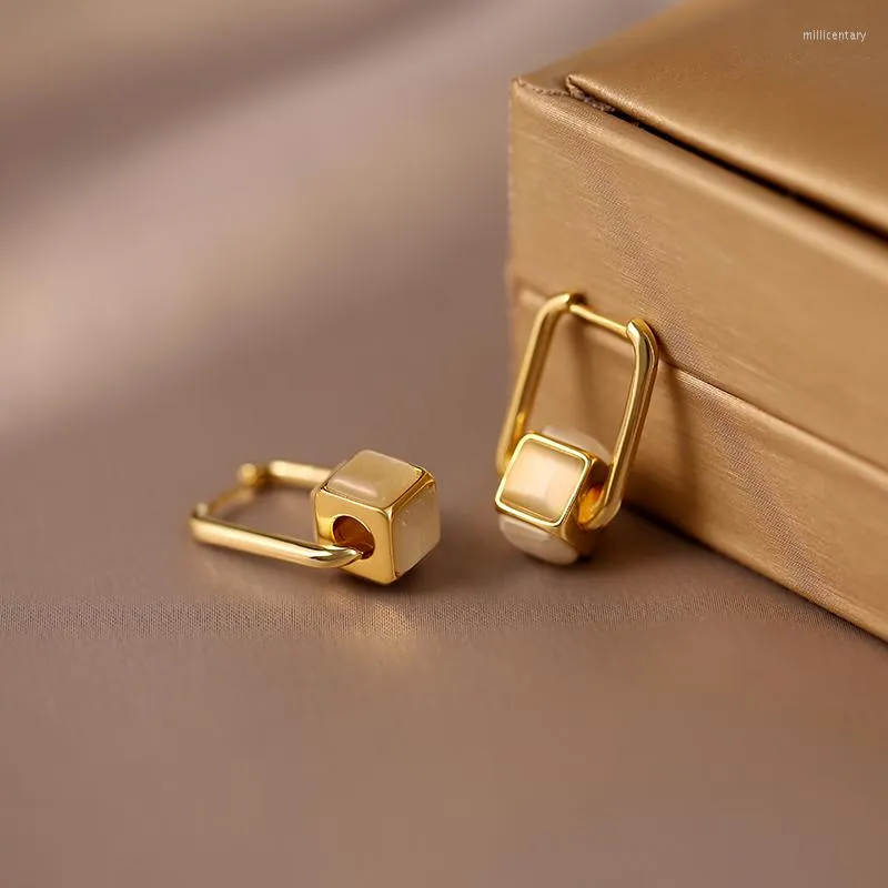 Hoop örhängen koreanska design mode smycken 14k guld pläterad enkel fyrkant Opal hänge elegant kvinnors dagliga arbetstillbehör