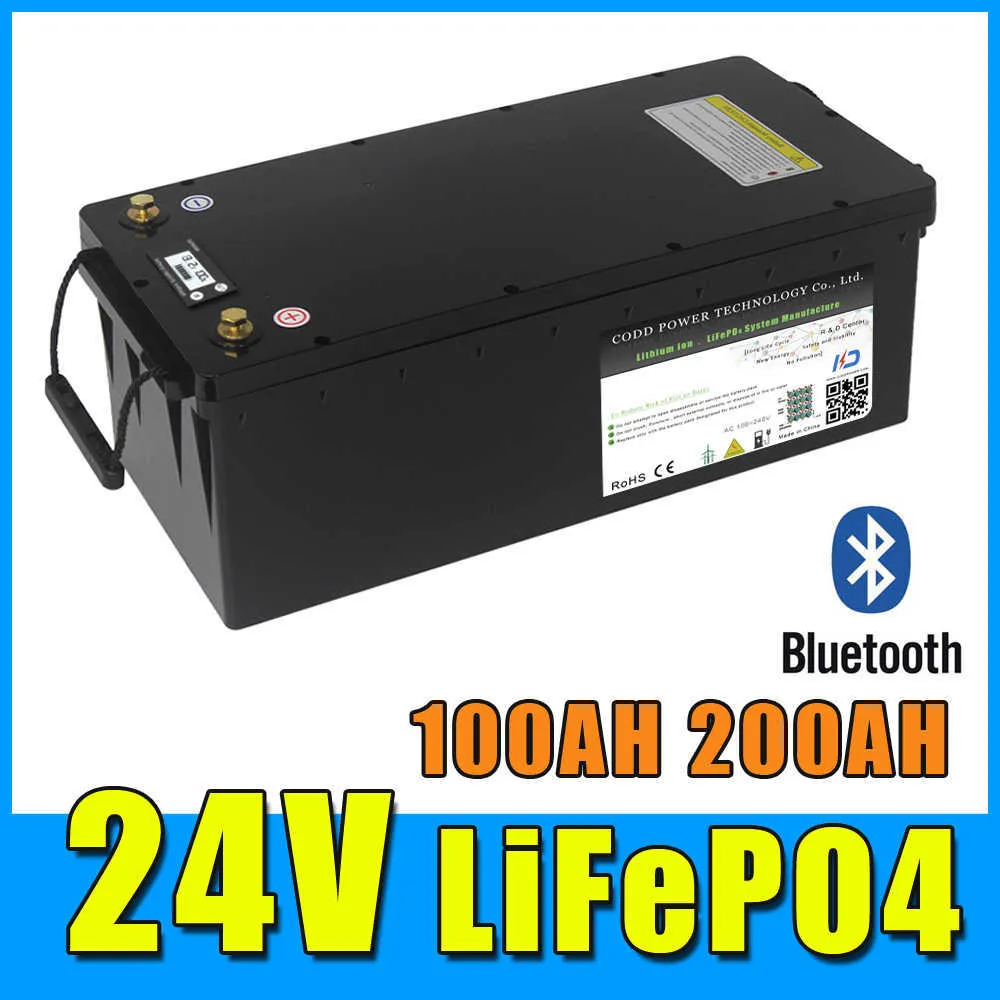 24V 100AH 200AH LiFePO4 Batería con Bluetooth BMS Estuche impermeable LCD Solar RV Almacenamiento Barco Yate