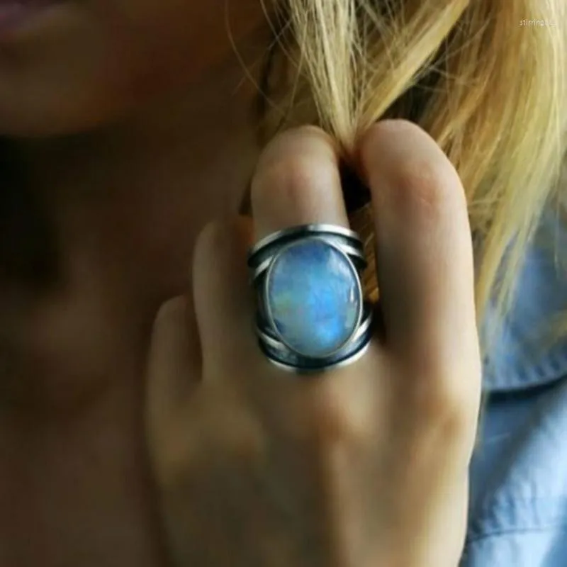 Wedding Rings Bohemia Style Big Moon Stone Thaise zilveren ring voor vrouwen overdreven vintage epoxy transparante retro sieraden 2023 Design