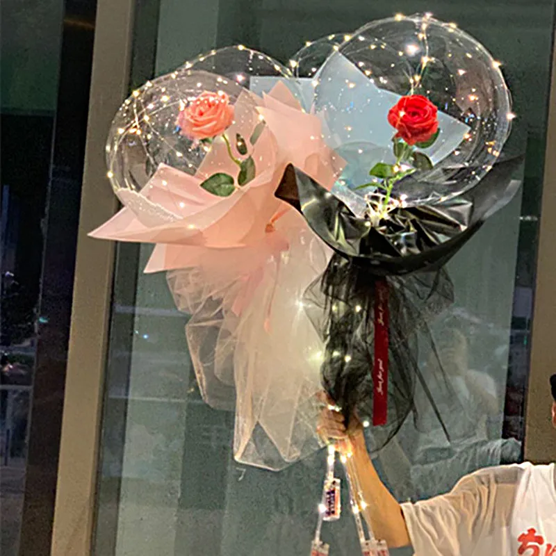 Ballon Rose Bouquet Neuheit Leuchten Bobo Ball Set Hochzeit Gl￼hbubble Luftballons mit Schnurleuchten f￼r Girl Womens Valentinstag Jubil￤um Crestech