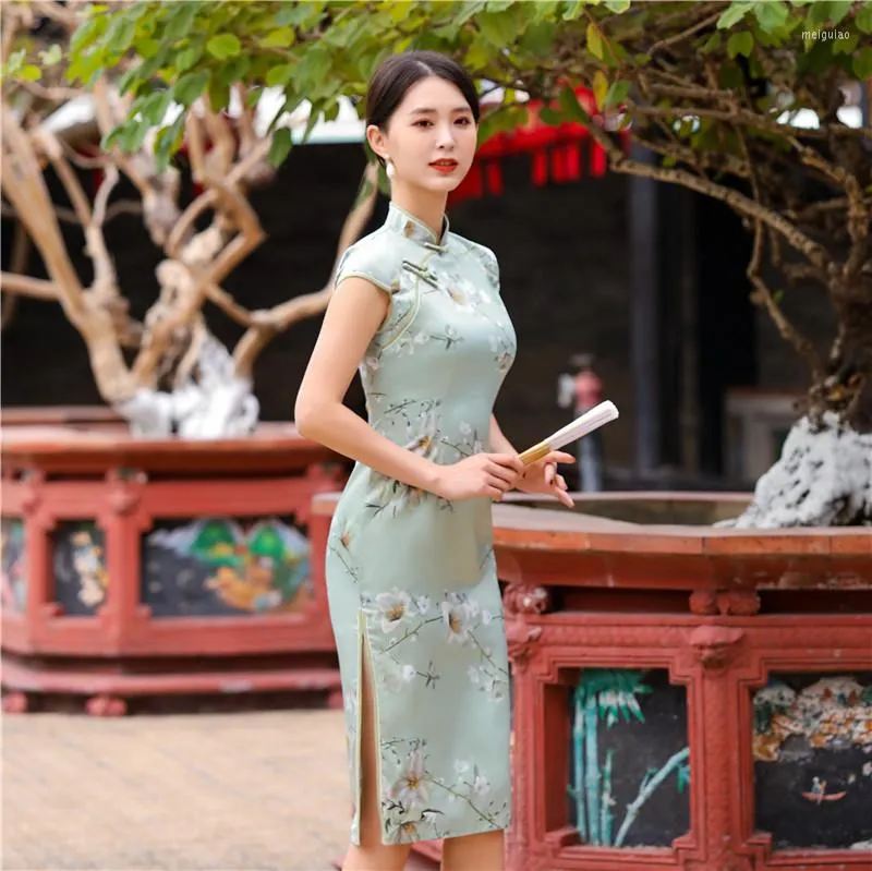 Ethnic Clothing Chinese Women Traditional Satin Qipao Sexy Tight Cheongsam Novelty Print Short Sleeve Vestidos Plus Size M-4XL