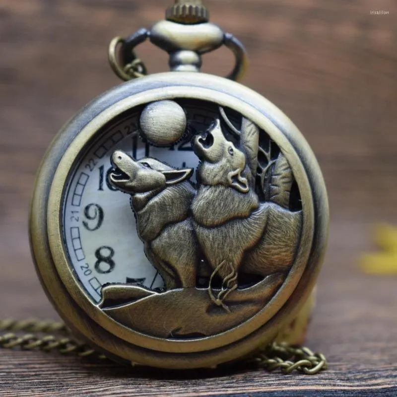 Pocket Watches Fob Bronze Wolf Animal Quartz Halsband Kvinnor/Mens Pendant Watch Gift