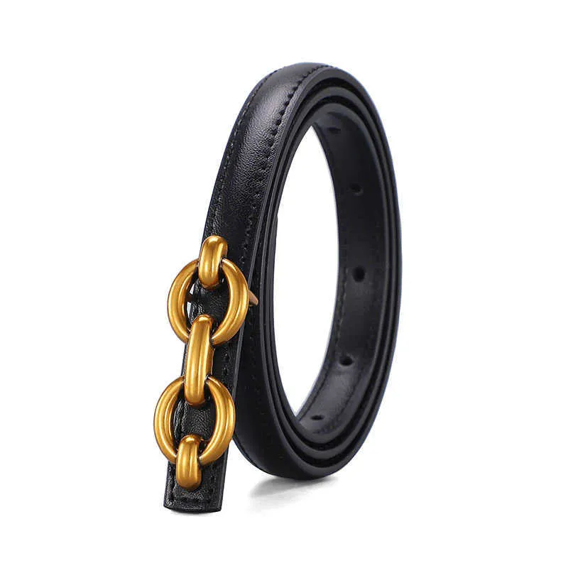 Belts New Chain Buckle Genuine Leather Belt Women Fashion Luxury Gold Buckle Thin Cowskin Belts Female Jeans Dress Waistband 2022 G230207