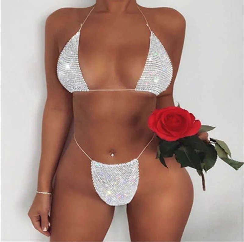 Nxy sexy set strass glitter zomer dames hoge taille diamant bikinis strand badpak zwemkleding 1130