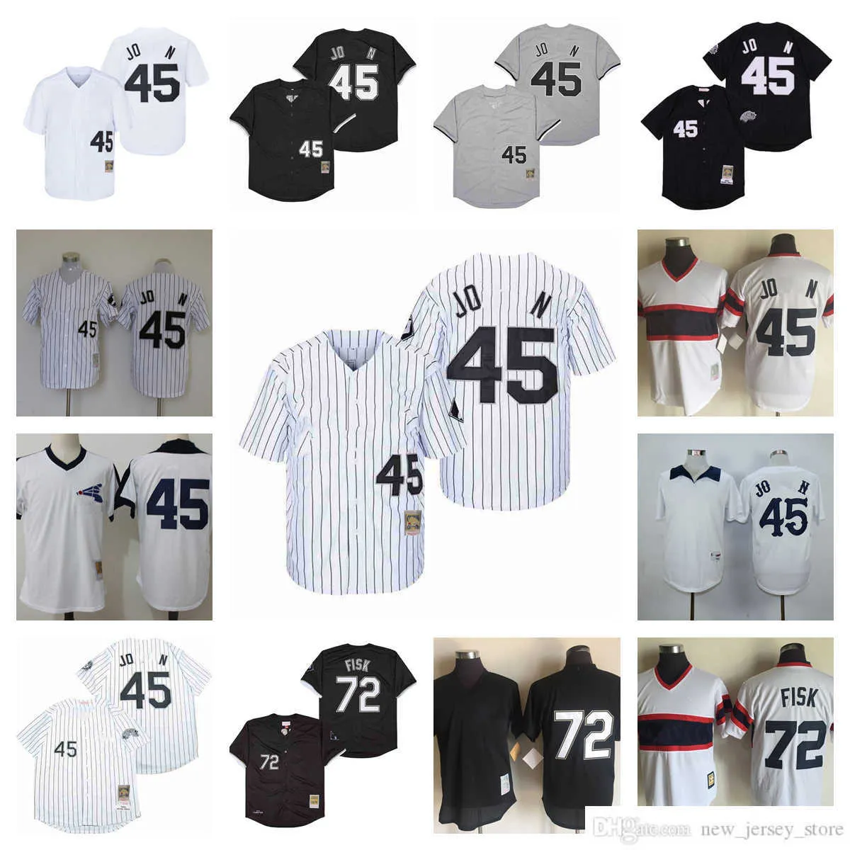 Maglie da baseball Movie Vintage 72 Carlton Fisk cucite 45 Michael Sport traspirante Pullover bianco nero grigio