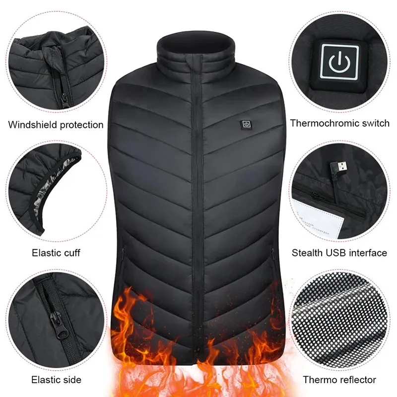 男性Sベスト15 4エリア暖房付き男性女性USBジャケットヒーティングサーマル衣類狩猟冬の黒6xl230207