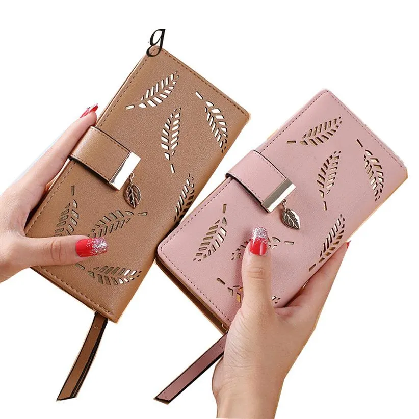 Women Wallet PU Leather Purse Female Long Wallet Gold Hollow Leaves Pouch Handbag For Women Coin Purse Card Holders Clutch wholesa256B