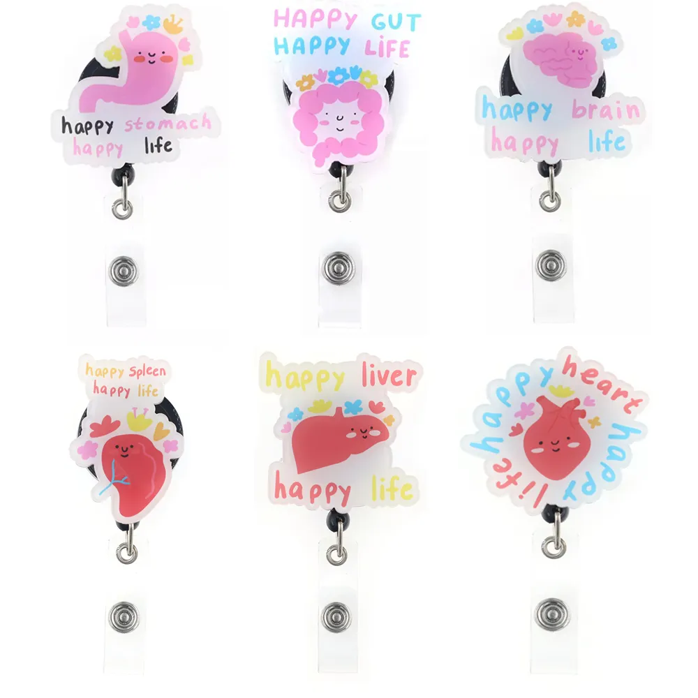 10 datorer/partiets nyckelringar roliga akrylmärken Hållare Happy Mage/Gut/Brain/Lever/Slleen/Heart Happy Life Dractable Badge Reel For Office Nurses Läkare Läkare