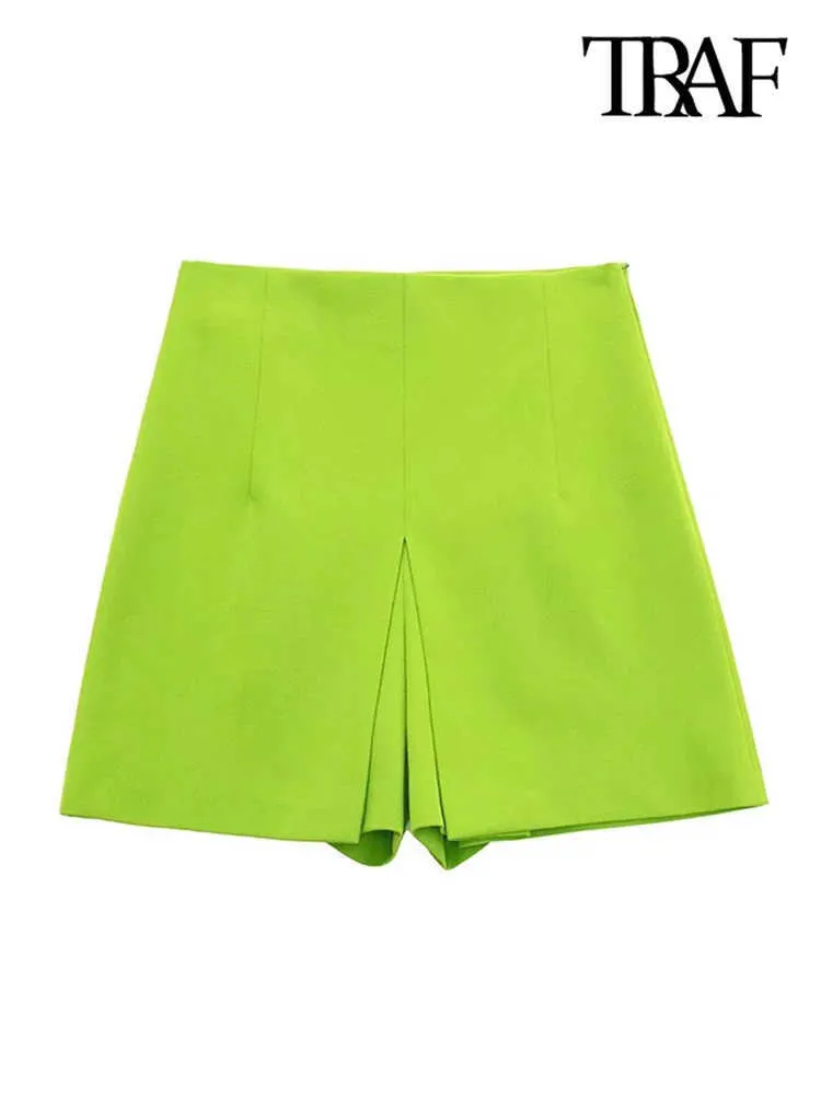 Damskie spodenki Traf Fashion Front Front Detale zielone spódnice Vintage High Talle Side Zapip Kobieta Skort Mujer Y2302