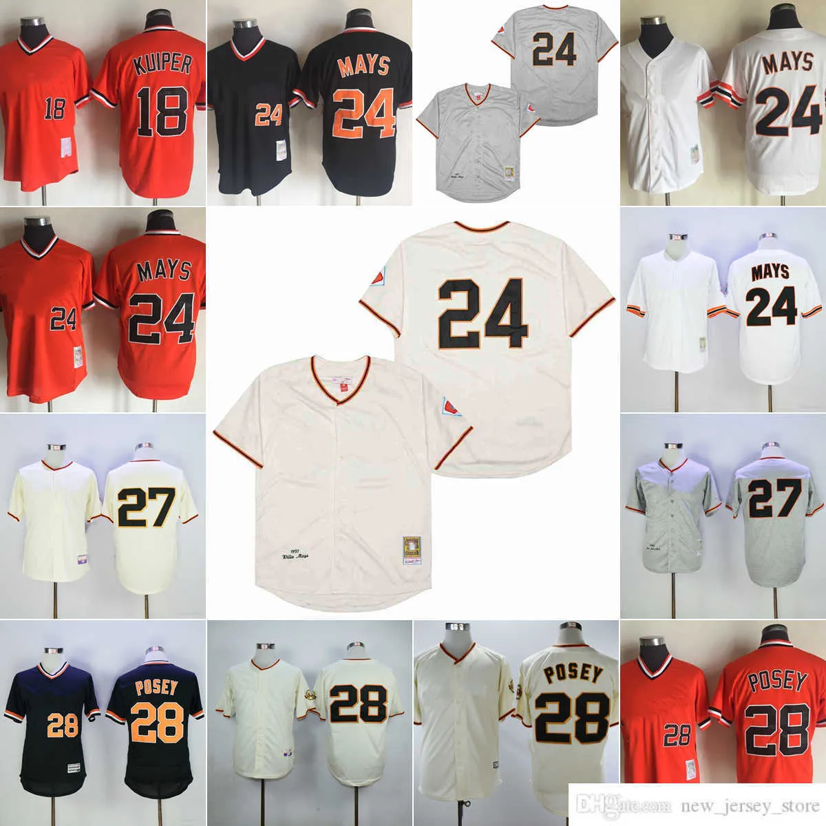 Film vintage 24 Willie Mays basebolltröjor sydd 28 Buster Posey 27 Juan Marichal 18 Duane Kuiper White Grey 1962 Black Orange Pullover