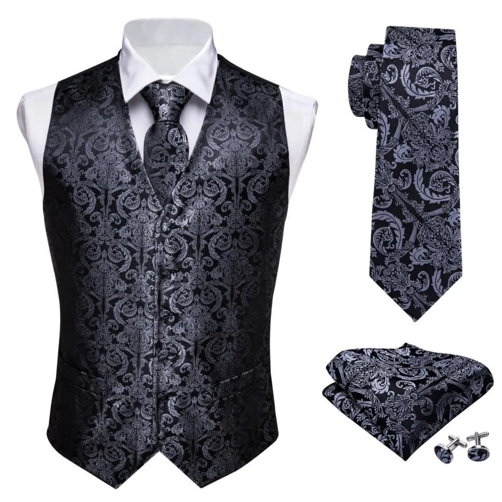 Men's Vests Designer Mens Classic Black Paisley Jacquard Folral Silk Waistcoat Vests Handkerchief Tie Vest Suit Pocket Square Set Barry.Wang 230209