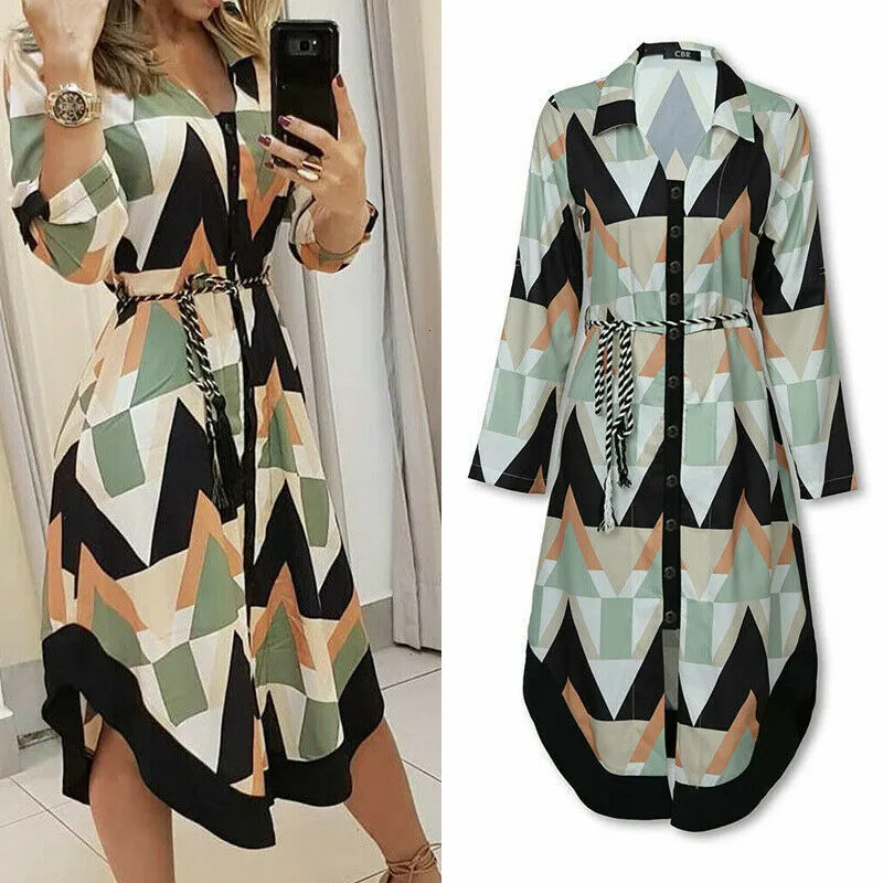 Casual Dresses Hirigin Women's Shirt Dress Spring Autumn Lady Cover Up Wave Print Long Sleeve V-Neck Casual Loose Holiday Midi Dress Sundress 230209