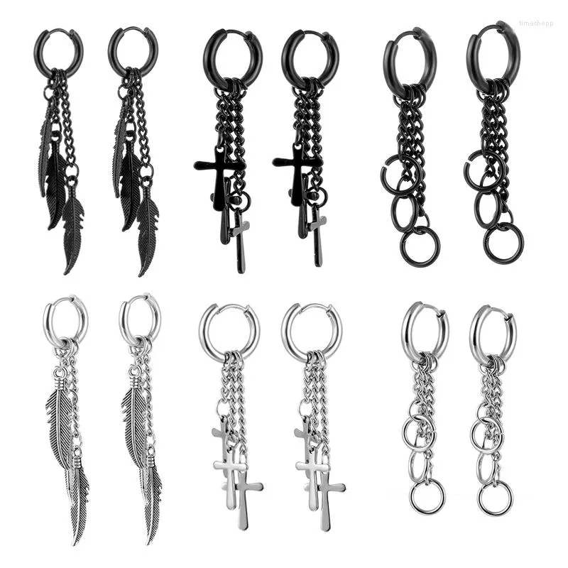 Hoepel oorbellen Gotisch roestvrij staal voor man vrouwen veer kruis hanger lange tassel ketting unisex piercing sieraden