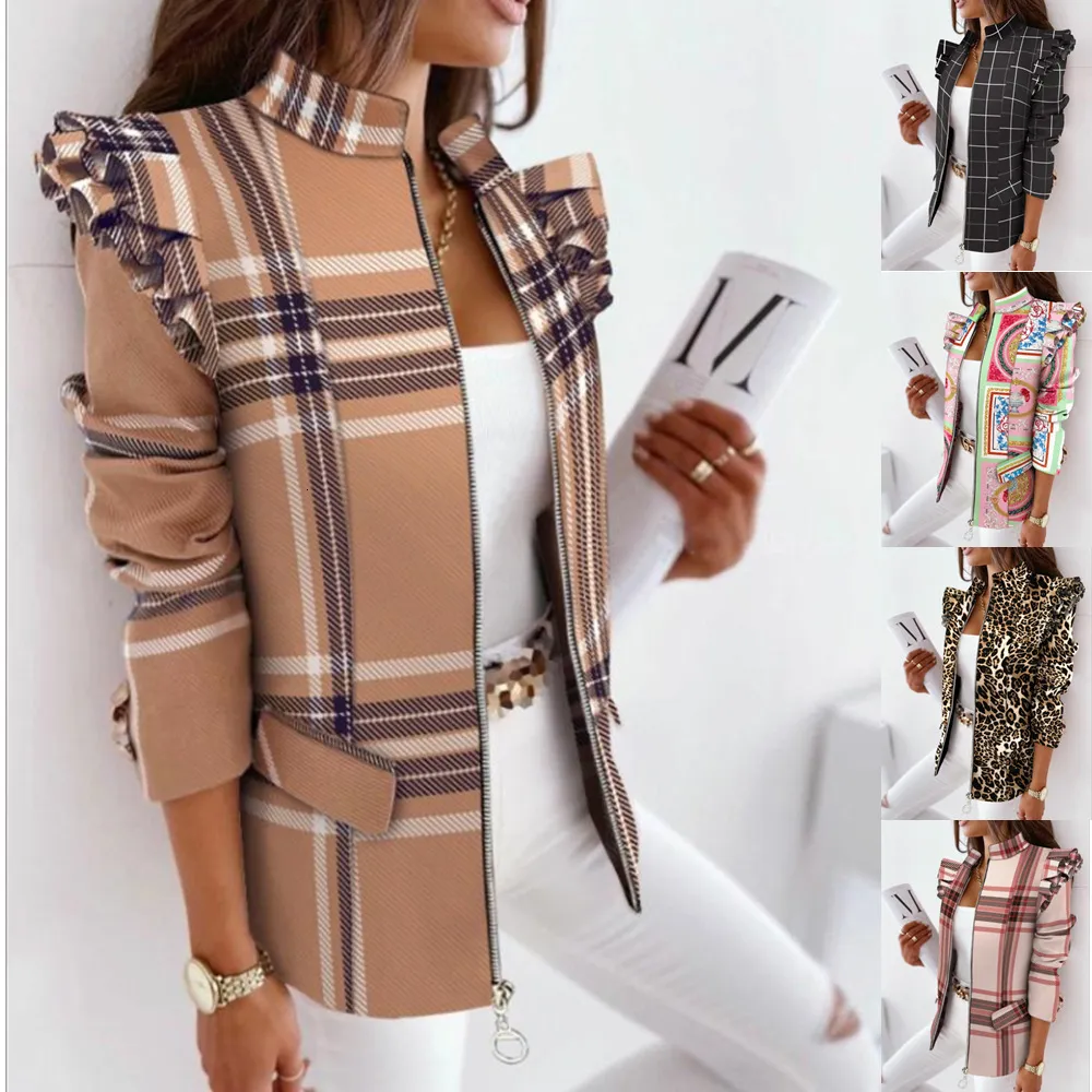 Kvinnors kostymer blazrar färgglada tunn blazerjacka för kvinnor mode våren leopard tryckt rufsed longsleved dragkedja klädkvinna 230209