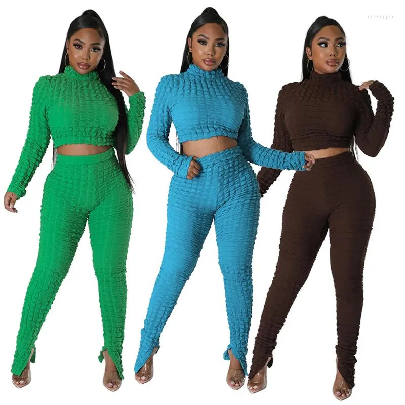 Women's Two Piece Pants Ladies Solid Color Bubble Plaid Long Sleeve Turtleneck T-Shirt Match Elastic Leggings Winter Outdoor Simple Commuter