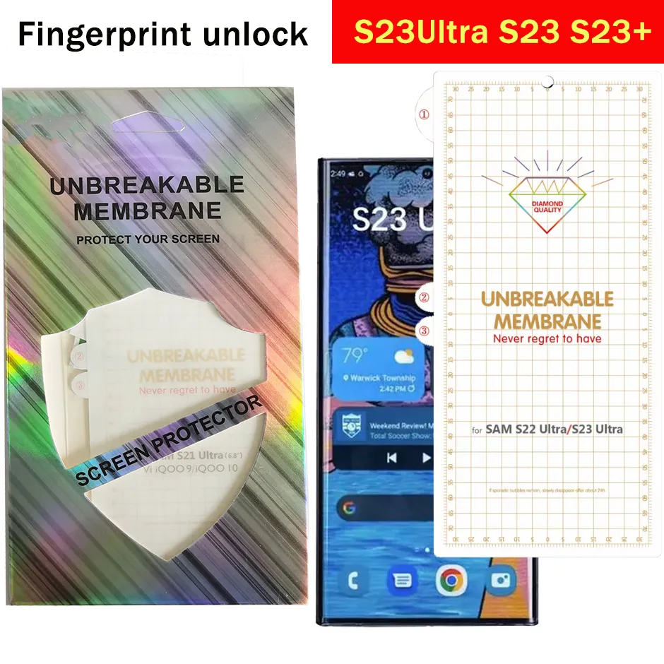 Samsung Galaxy S23 Ultra S22 S21 S20 S10 S8 S9 Plus Note9 Note9 지문 잠금 해제 화면 필름을위한 깨지지 않는 TPU 전화 화면 보호기 소매 패키지.