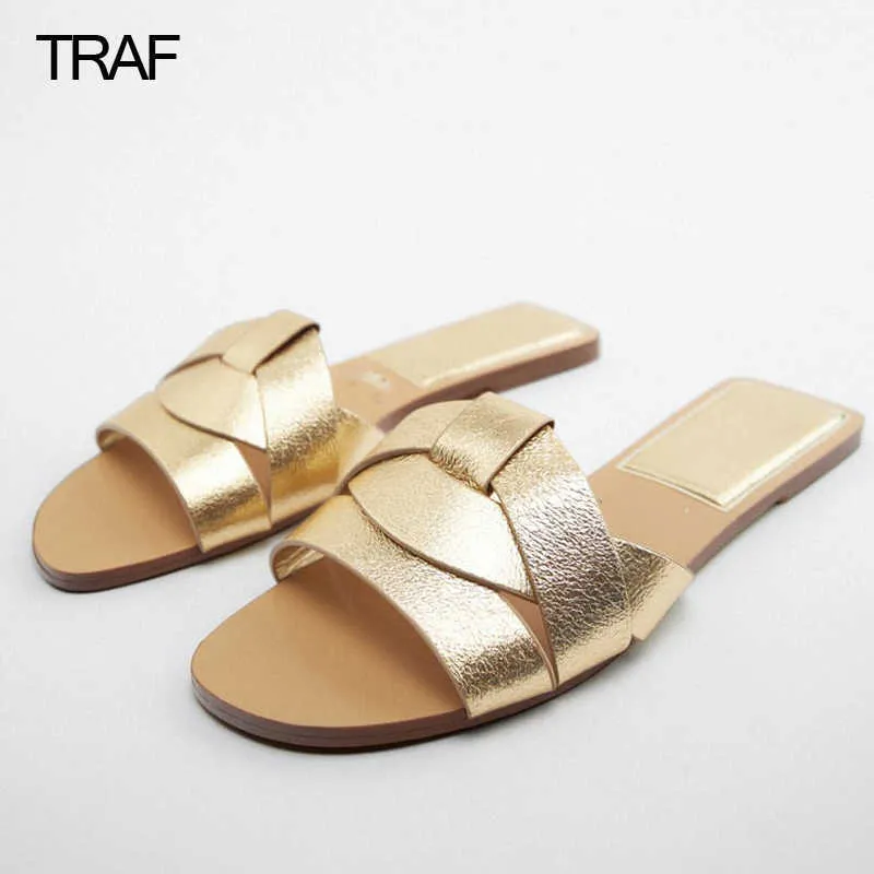 Sandals TRAF Women's sandals Gold Flat shoes Slippers Flat Criss-Cross Leather Slider Sandals Woman Summer 2022 Luxury Slingback Shoes T230208