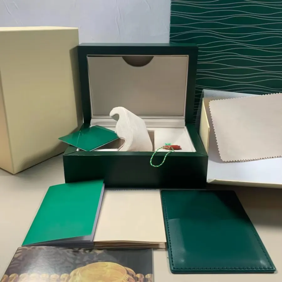 Topqualität Green Watch Box Accessoires Großhandel UBR Hülle für Montre Uhren Broschüre -Karten -Tags und Papiere in englischen Schweizer Uhren Boxen viele sind die Kisten, die Sie haben