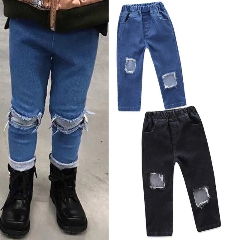 Calça de cintura elástica de jeans de jeans azul falso buraco broken broker calça de criança roupas garotas roupas de menina roupas para crianças roupas