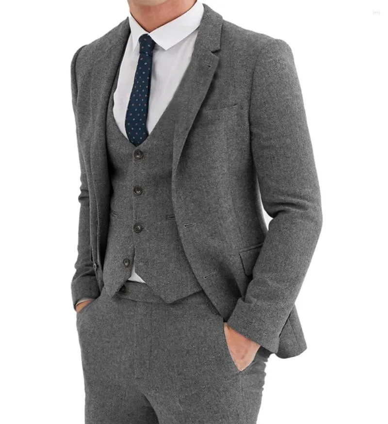 Herenpakken grijze herenpak 3 pc's vintage notch revers visgraat Tweed Tuxedos voor bruiloft aangepaste maat (blazer vest -broek)