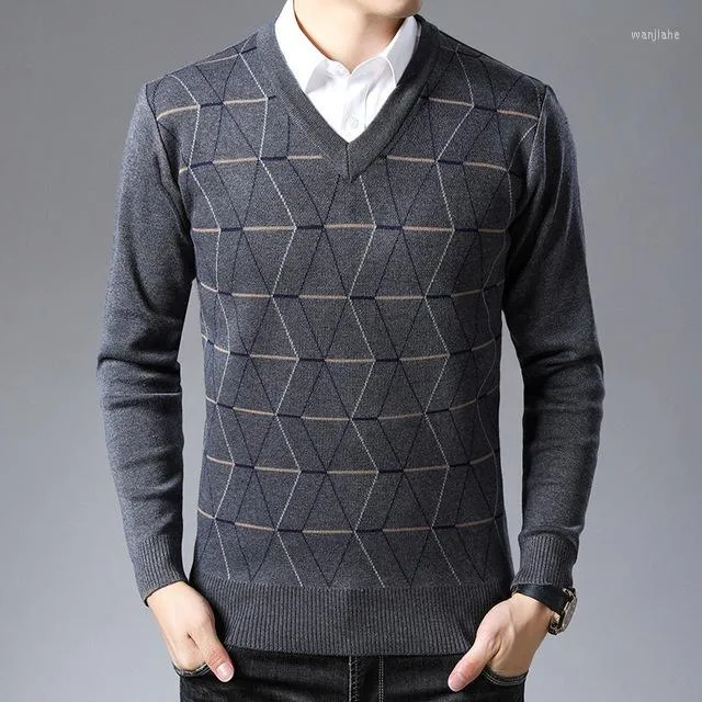 Herrtröjor Autumn Winter Men's Jacquard Knit Fashion Casual V-ringen Långärmad tröjor Vintage Argyle Slim Fit Jumpers Man