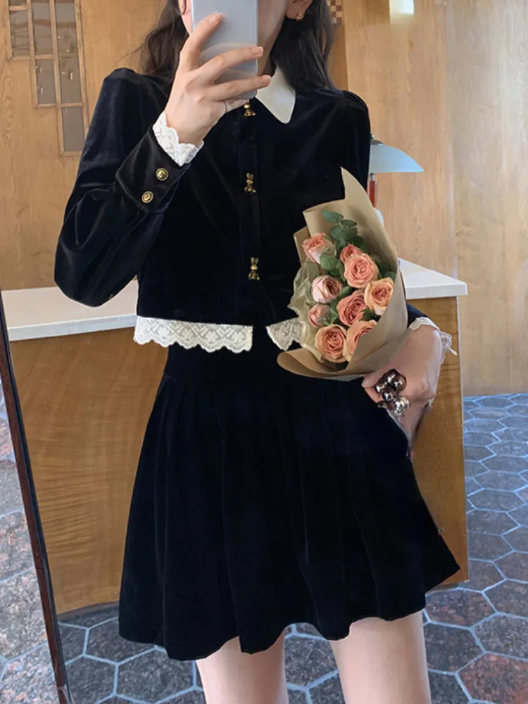 Velvet Two Piece Skirt Set Ladies Autumn Fashion Suit, Slim Fit